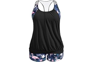 Holipick Plus Size Tankini Swimsuit for Women Two Piece Tummy Control Bathing Suit Blouson Racerback Tankini Top with Shorts