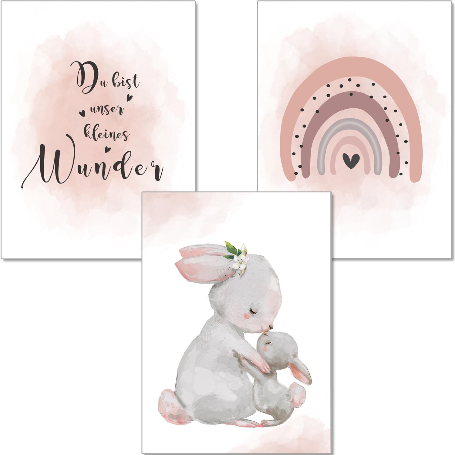 artpin® Poster Children's Room Decoration - A4 Pictures Baby Room Set of 3 Pink Grey for Girls - Rainbow Rabbits (K5)