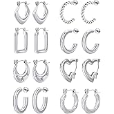 8 Pairs Stainless Steel Chunky Gold Plated Silver Hoop Earrings Set,Earrings for Women,Hypoallergenic Hoop Huggie Trendy Jewelry Earrings for Women