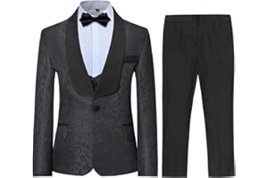 SWOTGdoby Boys 3 Pieces Suit Slim Fit Jacquard Tuxedo Formal Shawl Collar Jacket Vest Pants Ring Bearer Outfit Wedding Prom