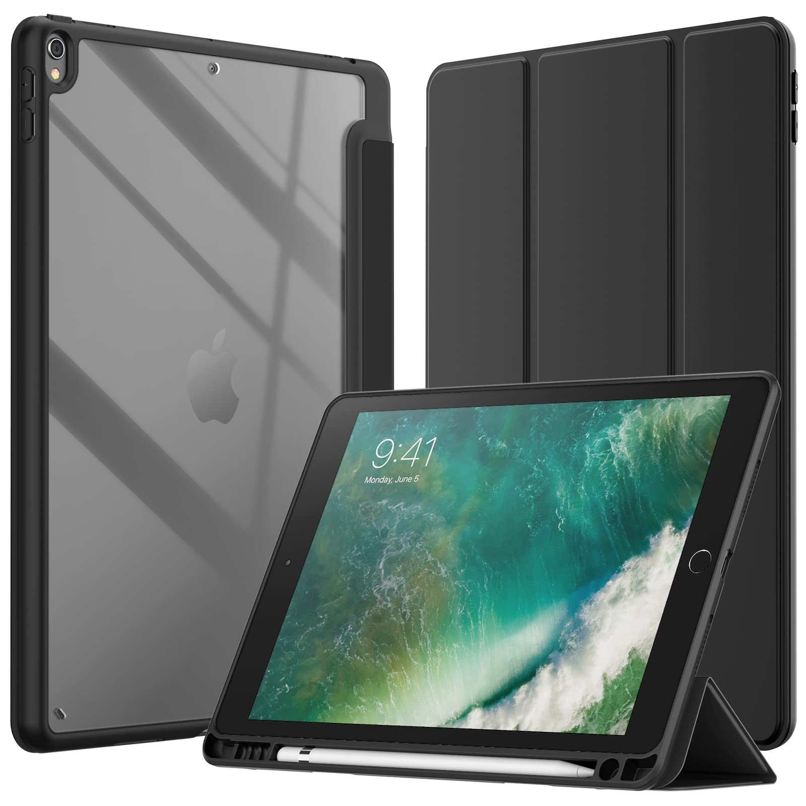 JETech Case for iPad Air 3 (10.5-Inch 2019, 3rd Generation) and iPad Pro 10.5-Inch with Pencil Holder, Clear Transparent Back Shell Slim Stand Shockproof Tablet Cover (Black)