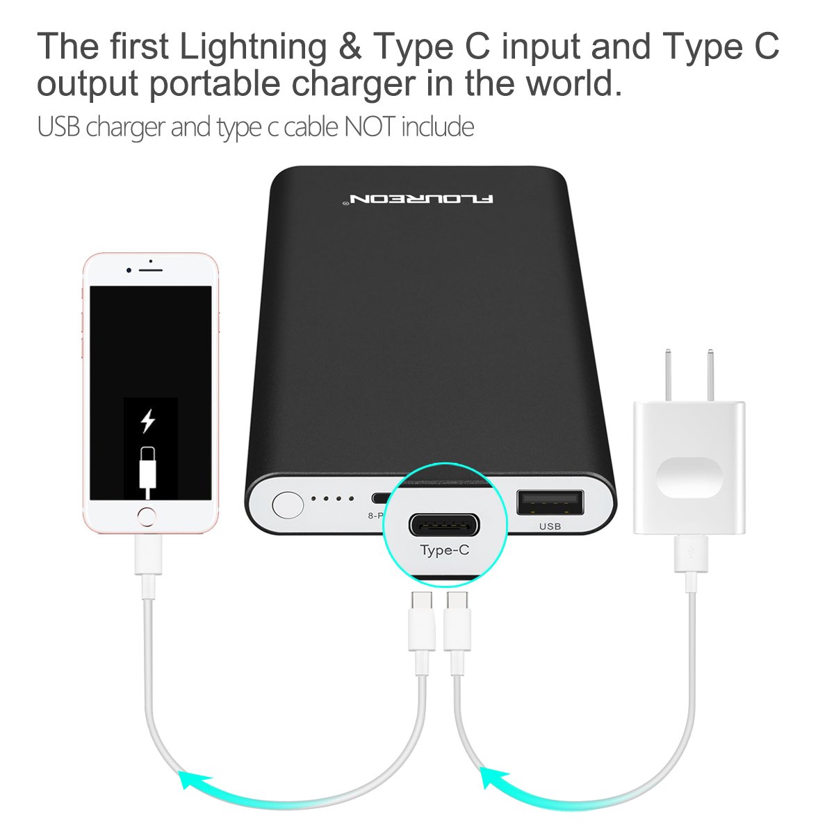 FLOUREON 12,000mAh Lighting Power Bank Portable Type C Phone Charger High-Speed Type C Input/Output Support 3A Fast Charging for iPhone XS MAX/X/8/7/6s, iPad and Samsung Galaxy S8/ S7/ S6 and More (Black)