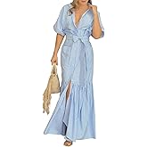 ebossy Women's 2025 Boho Striped Shirt Dress Button Up Ruffled Mermaid Fishtail Maxi Dress with Pocket