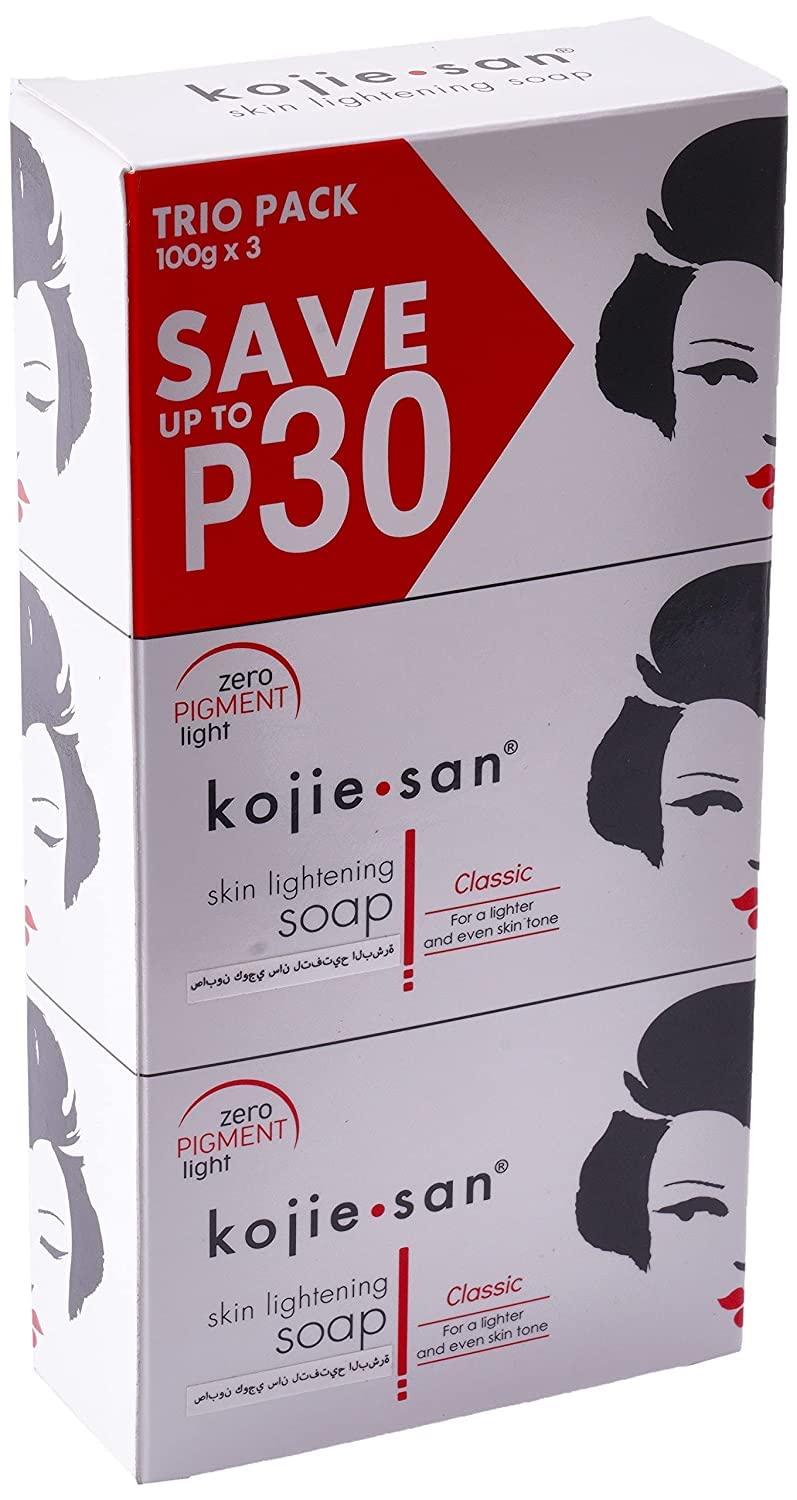 Kojie San Skin Lightening Kojic Acid Soap 3 Bars - 100g Fades Age Spots, Freckles, and Other Signs of Sun Damage and Heals Acne Blemishes and Erases Red Marks and Scars by Kojie San