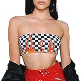 Women Black and White Plaid Sexy Strapless Tube Top