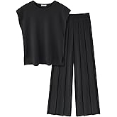 Ekouaer Lounge Sets for Women Two Piece Outfits Knit Cap Sleeve Tops Wide Leg Pleated Pants Casual Dressy Sweater Sets