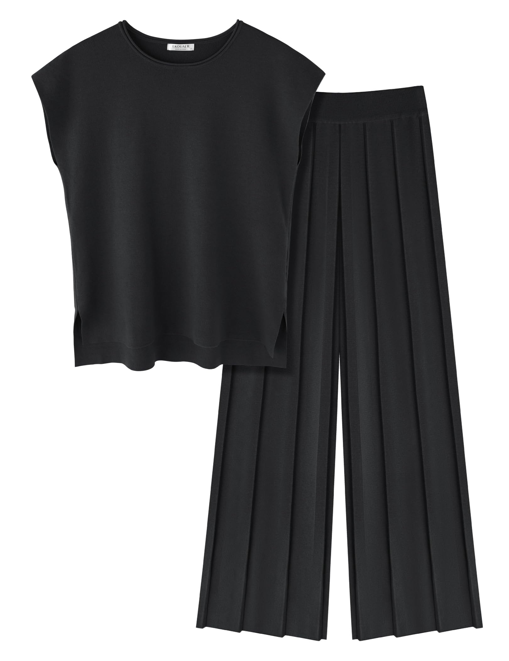 Ekouaer Lounge Sets for Women Two Piece Outfits Knit Cap Sleeve Tops Wide Leg Pleated Pants Casual Dressy Sweater Sets Black Image
