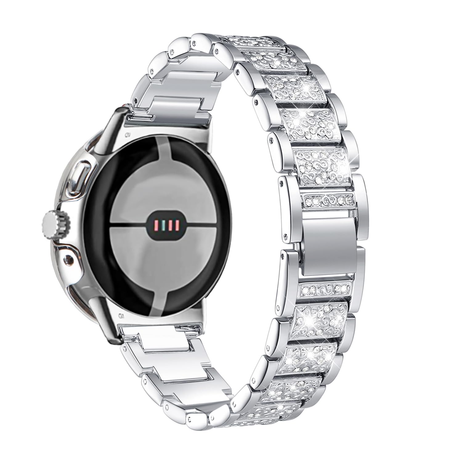 Mtozon Women Bands with Case Compatible with Google Pixel Watch 4 41mm, Metal bling Luxurious Dressy Replacement Wristbands, Silver