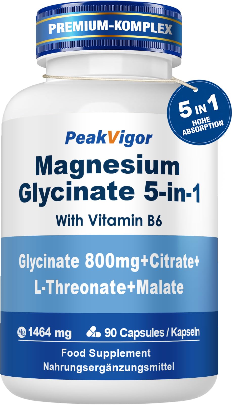 Magnesium Komplex 5 in 1-226mg elementares 105% NRV- Premium 1464mg Magnesiumglycinat, Citrat, Malat, L‑Threonat, Vitamin - hochdosiert - zur Unterstützung von Muskeln, Knochen, Herz, Nerven