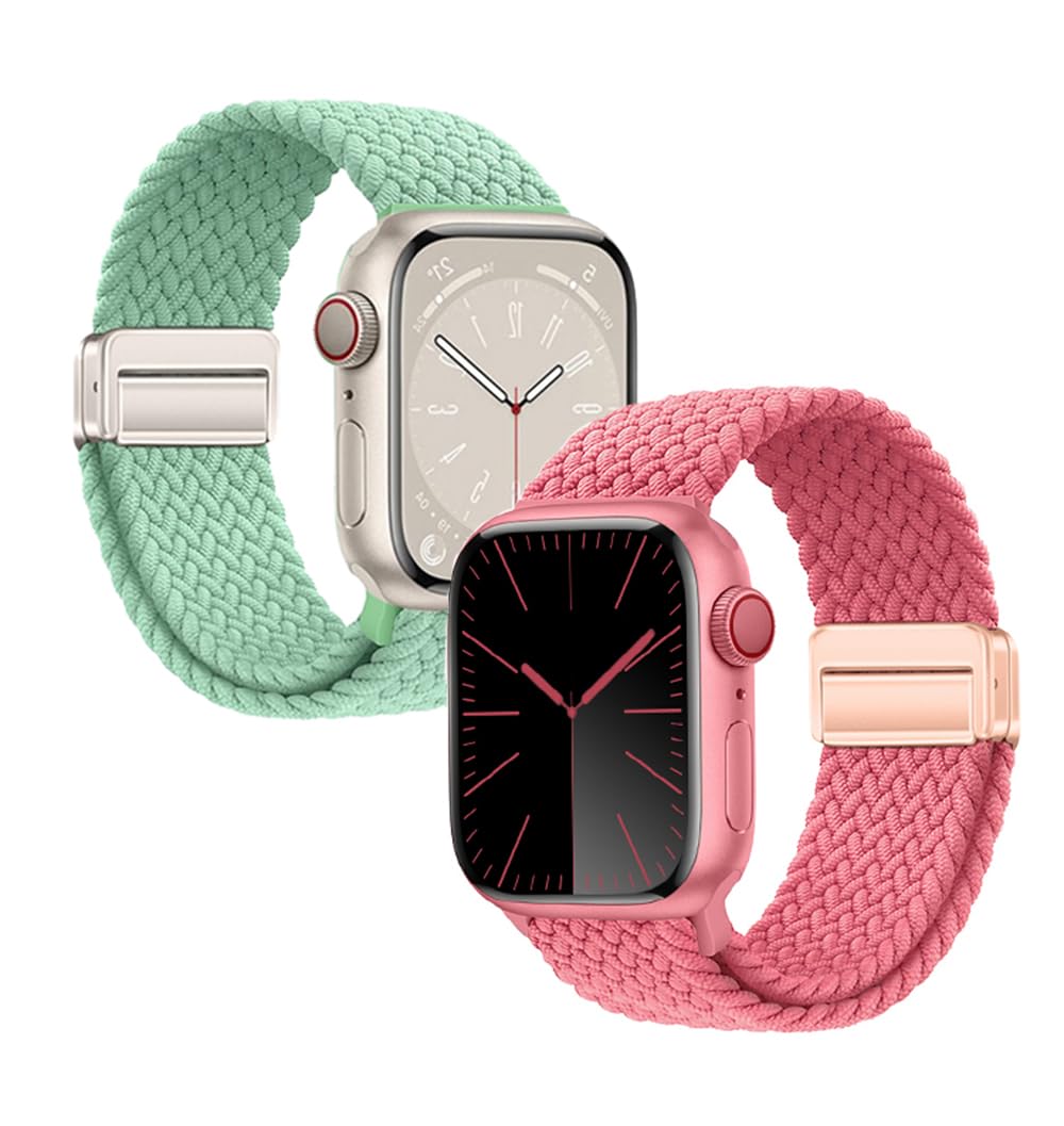 Wyy-Peace 2PCS loop magnetic nylon elasticity braided buckle straps compatible with apple watch straps 40/41/38/42/44/45/49mm for Women Men, Stretchy Strap Elastic Sport Band for iWatch SE