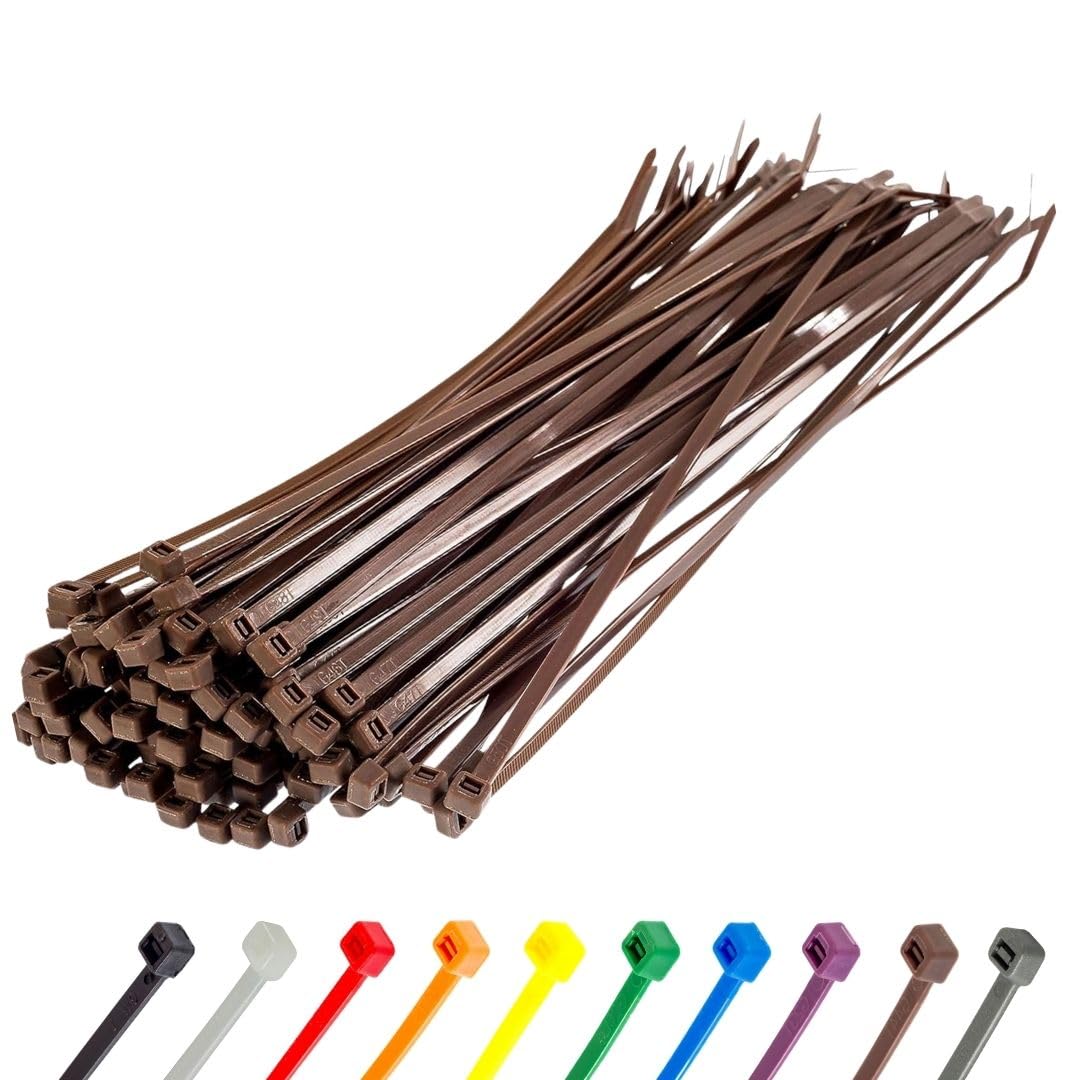 Gocableties Brown Cable Ties, 200mm x 4.8mm, Pack of 100, 8" Premium Nylon Zip Ties, Multi-Purpose Plastic Tie Wraps, Secure Self-Locking Mechanism, for Home, Garden, Office and DIY