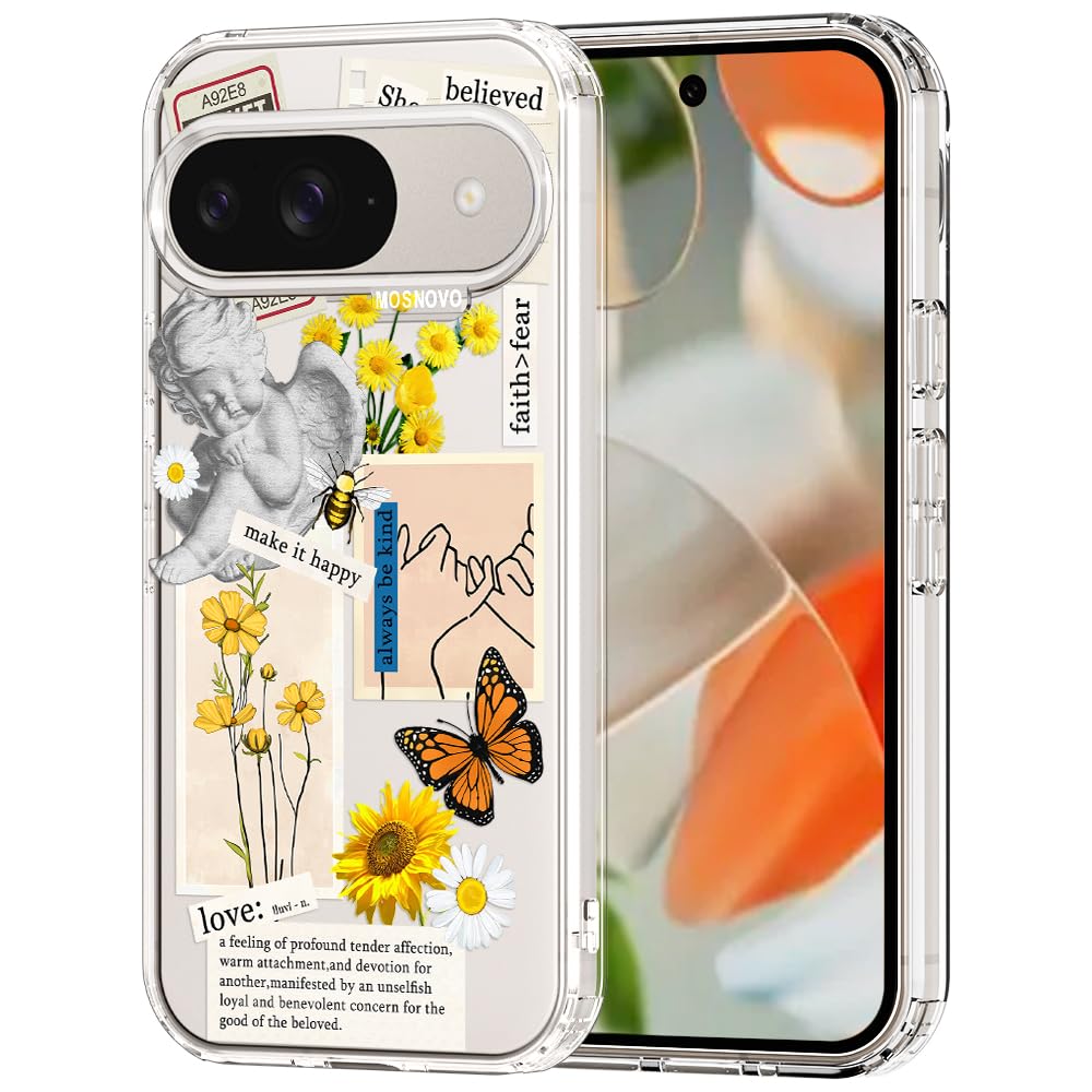MOSNOVO Case for Google Pixel 9 & Pixel 9 Pro, [Buffertech 6.6ft Military-Grade Drop Protection] [Anti Peel Off Tech] Clear TPU Bumper Phone Case Cover Design - Vintage Collage Art