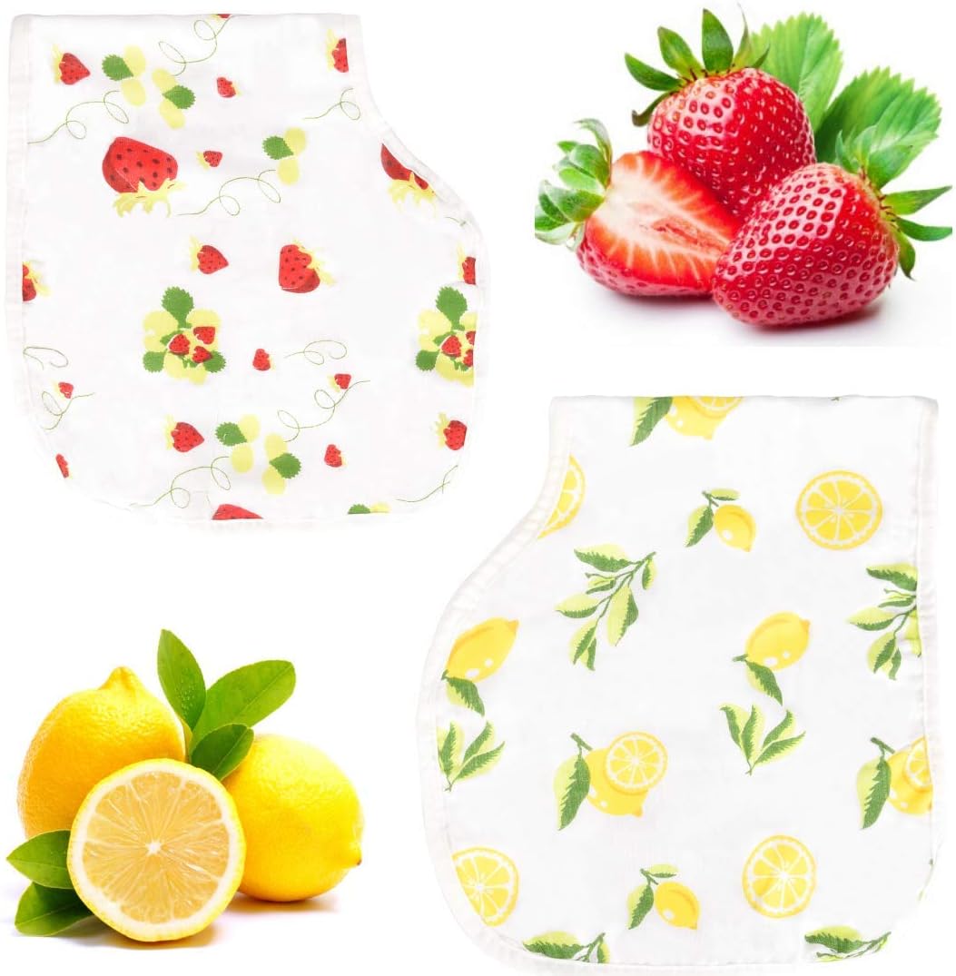 Muslin Burp Cloth Bib Set - Adjustable, Super Absorbent, Soft - 2 Pack of Strawberry Lemon Prints - Unisex Baby Registry Shower for Boys & Girls