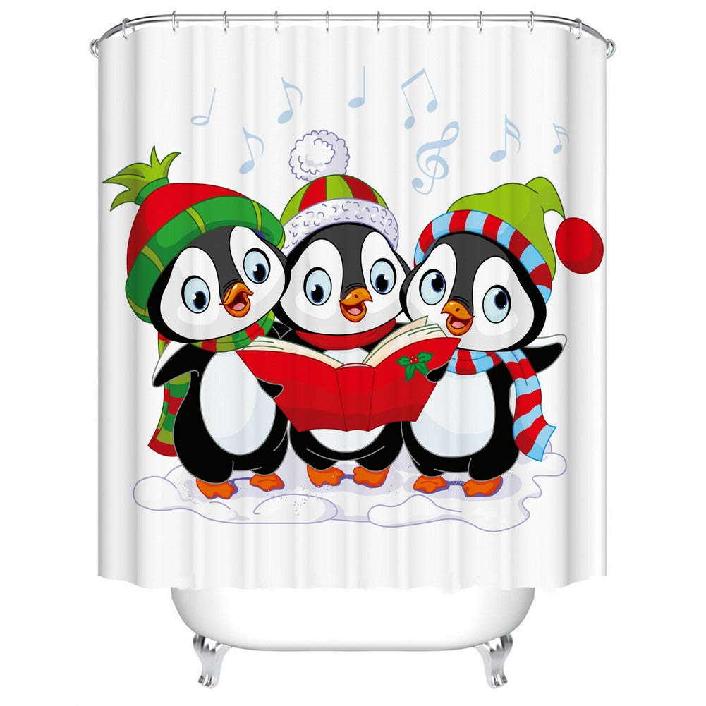 Fangkun Children's Shower Curtain Art Bathroom Decor - 3 Cartoon Penguin Design - Waterproof Polyester Fabric Bath Curtains Set - 12pcs Shower Hooks - 72 x 72 inches