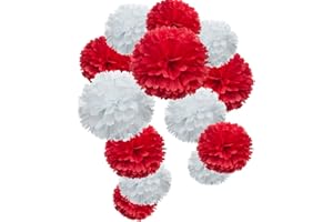 MOWO Red Paper Flower Tissue Pom Poms Party Supplies (red,white,12pc)