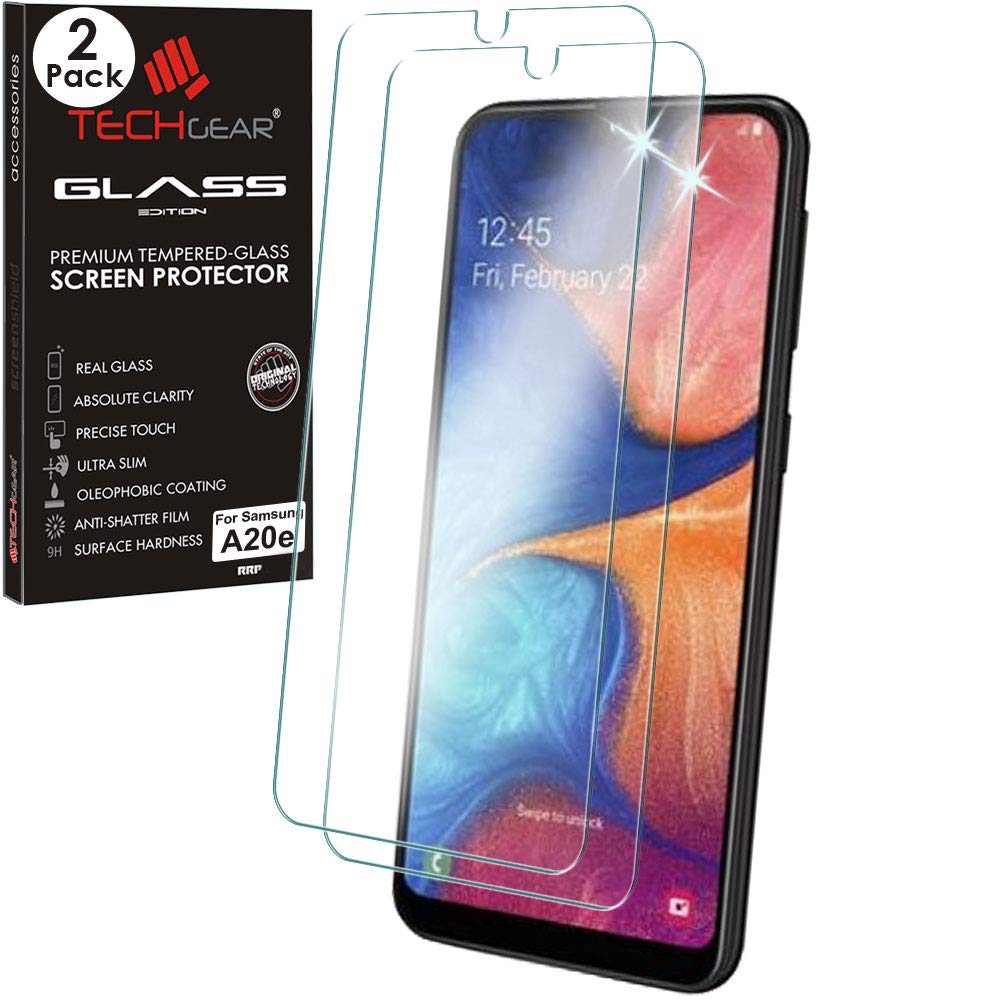 TECHGEAR 2 Pack GLASS Edition Compatible with Samsung Galaxy A20e, Tempered Glass Screen Protector Covers [2.5D Round Edge] [9H Hardness] [Crystal Clarity] [Scratch-Resistant] [No-Bubble]