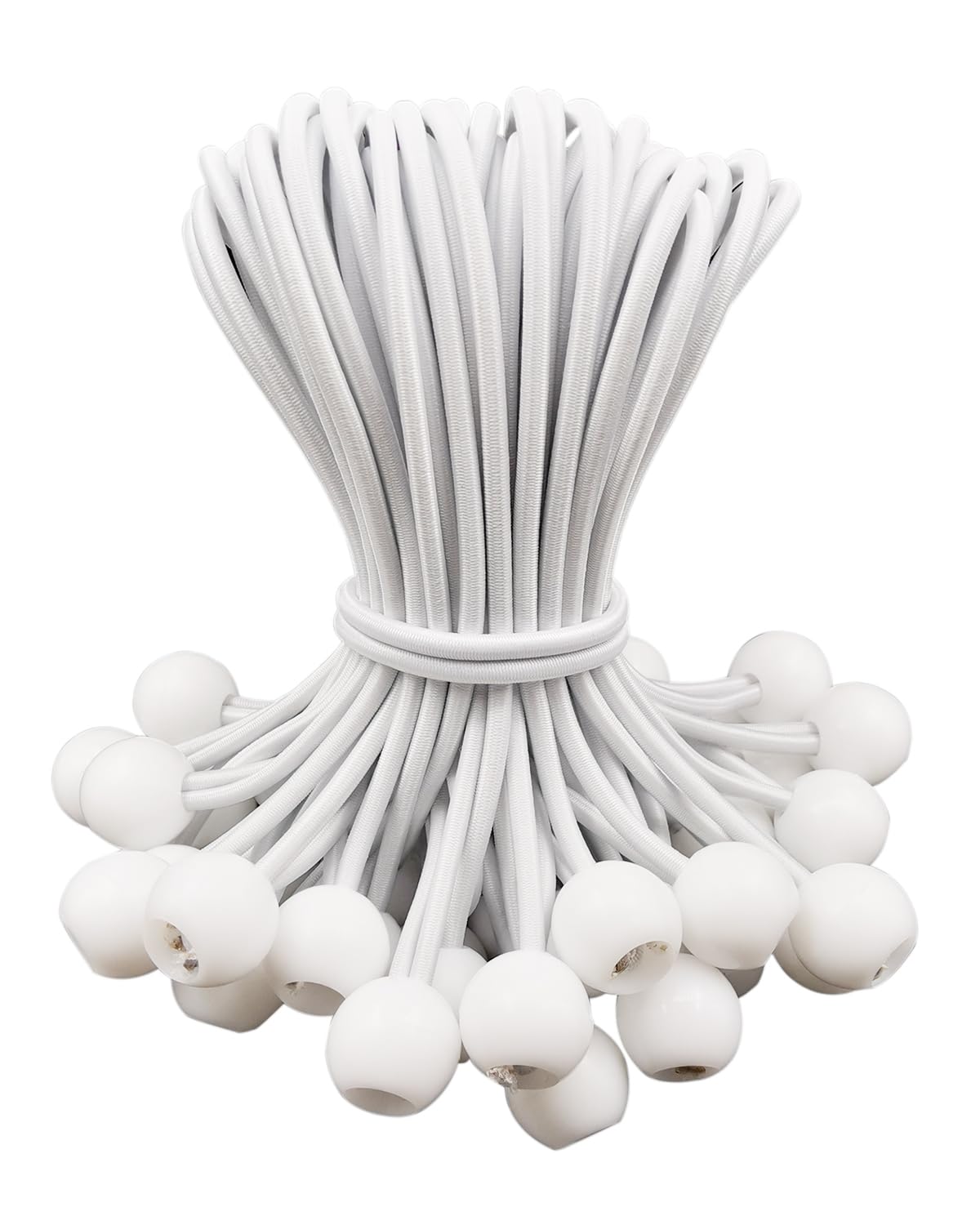 Tarpaulin Bungee Balls 6 Inch - 50 Piece Bungee Cord with Balls, Small Bungee Cords Heavy Duty, Elastic Bungee Straps Short, Tie-Down, Adjustable Flag Bungees (White)