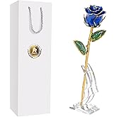 AliveRose for Her Rose, 24K Gold Rose Made from Real Rose - Unique Design Gold Plated Rose for Anniversary Valentines Mothers Day Birthday Gifts (Blue Original with Stand)