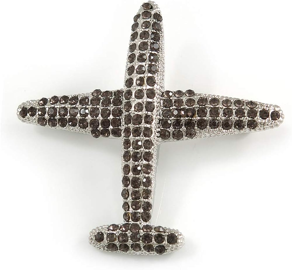 Dim Grey Crystal Aeroplane Brooch In Silver Tone Metal - 50mm Across, dark grey, silver