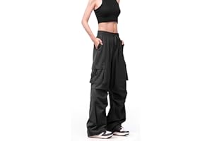 FLEFRM Womens Parachute Cargo Pants - Y2K High Waisted Baggy Pants with Zipper Pockets, Adjustable Cuffs and Knee Pleats