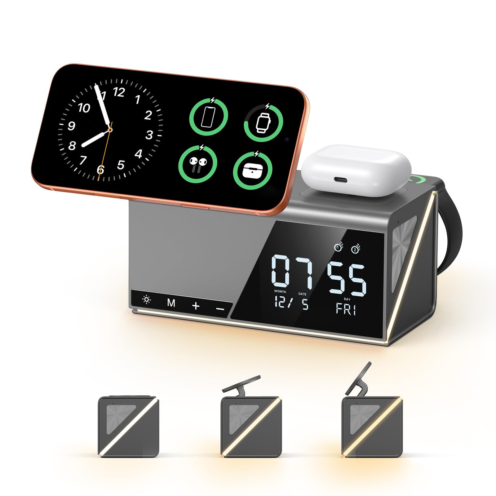 Photo 1 of 4URPC 6-in-1 Alarm Clock Wireless Charging Station for Apple Multiple Devices,MagSafe Charging Dock for iPhone 17/16/15/14/13 Series, Apple Watch, AirPods,Wireless Charger with Night Light/Alarm Clock