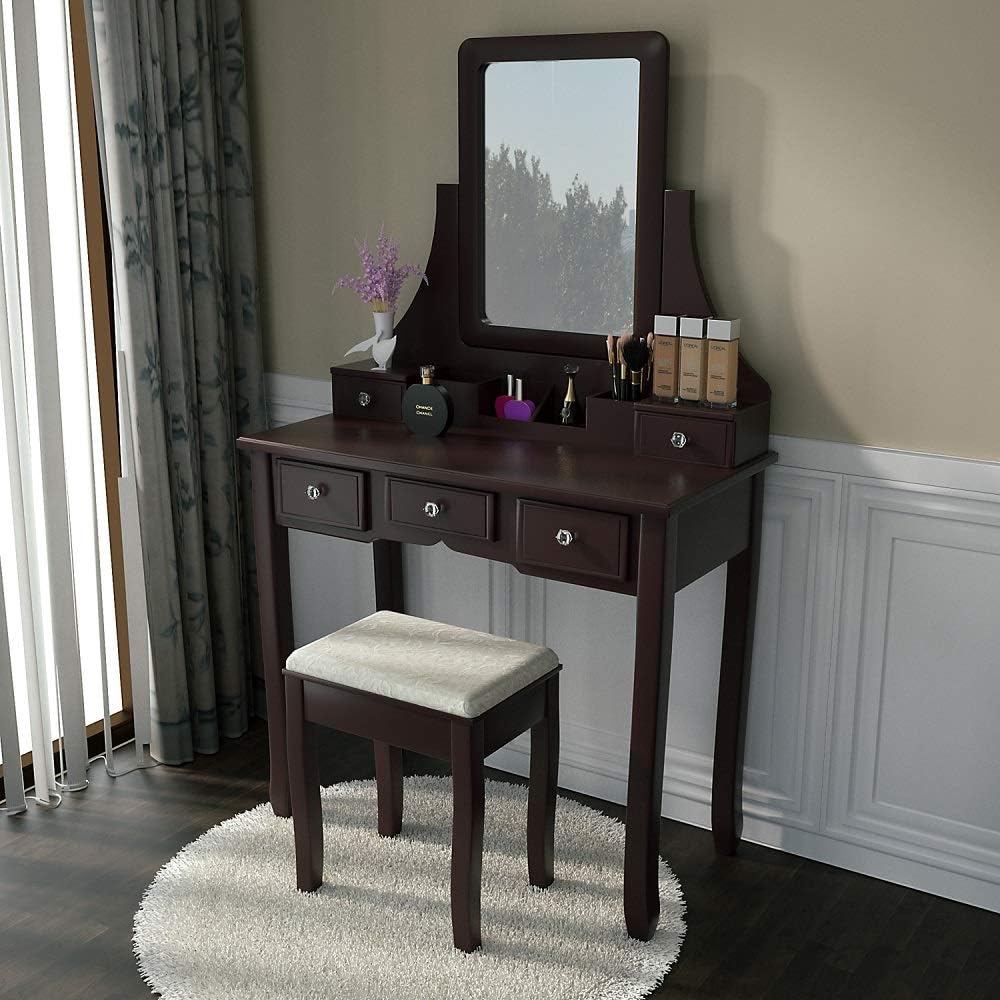 Vanity Set Makeup Vanity Desk Dressing Table with Mirror, Drawers and Stool for Corner Bedroom, Girls in Dark Brown
