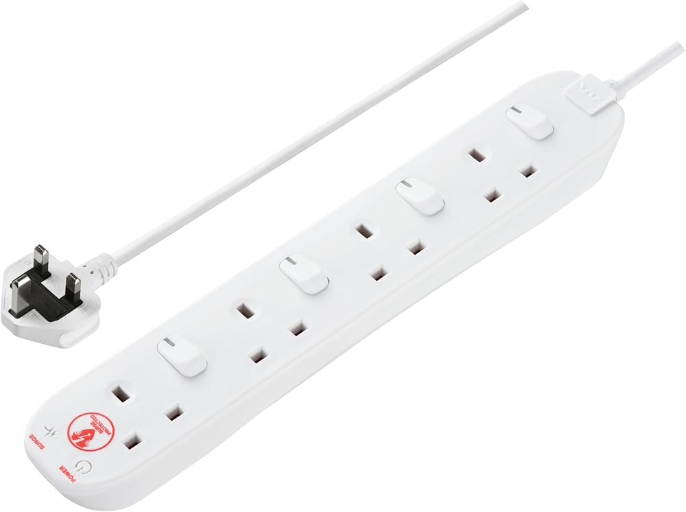 Masterplug 4 Socket Extension Lead 2m Cable Surge Protection Individual