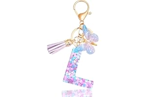 Meefisher Purple-Blue Pink Green Resin Alphabet Initial Letter Keychain Tassel Butterfly Key Ring for Purse Handbag Car Keys