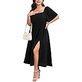 SHESTARR Womens Plus Size Maxi Dress Pleated Square Neck Short Sleeve Smocked High Waist Flowy A-Line Slit Elegant Dresses