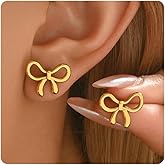 Kyazeo Dainty Bow Stud Earrings for Women 18K Gold Plated Minimalist Ribbon Stud Earring Cute Pearl Bowknot Earrings Simple Everday Jewelry for Her