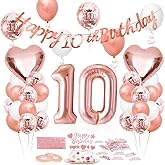 10th Birthday Decorations for Girls Women Rose Gold, Happy 10th Birthday Banner, 10 Number Balloon, Heart Balloons, Round Latex Balloons, Cake Topper, Rose Gold 10 Party Decorations Supplies for Women
