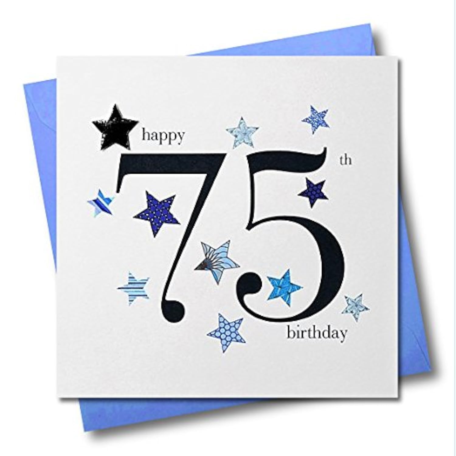 Claire Giles Greeting Cards, Happy 75th Birthday Card, Blue Stars design Age 75 Birthday Greeting Card, Embellished with a padded star