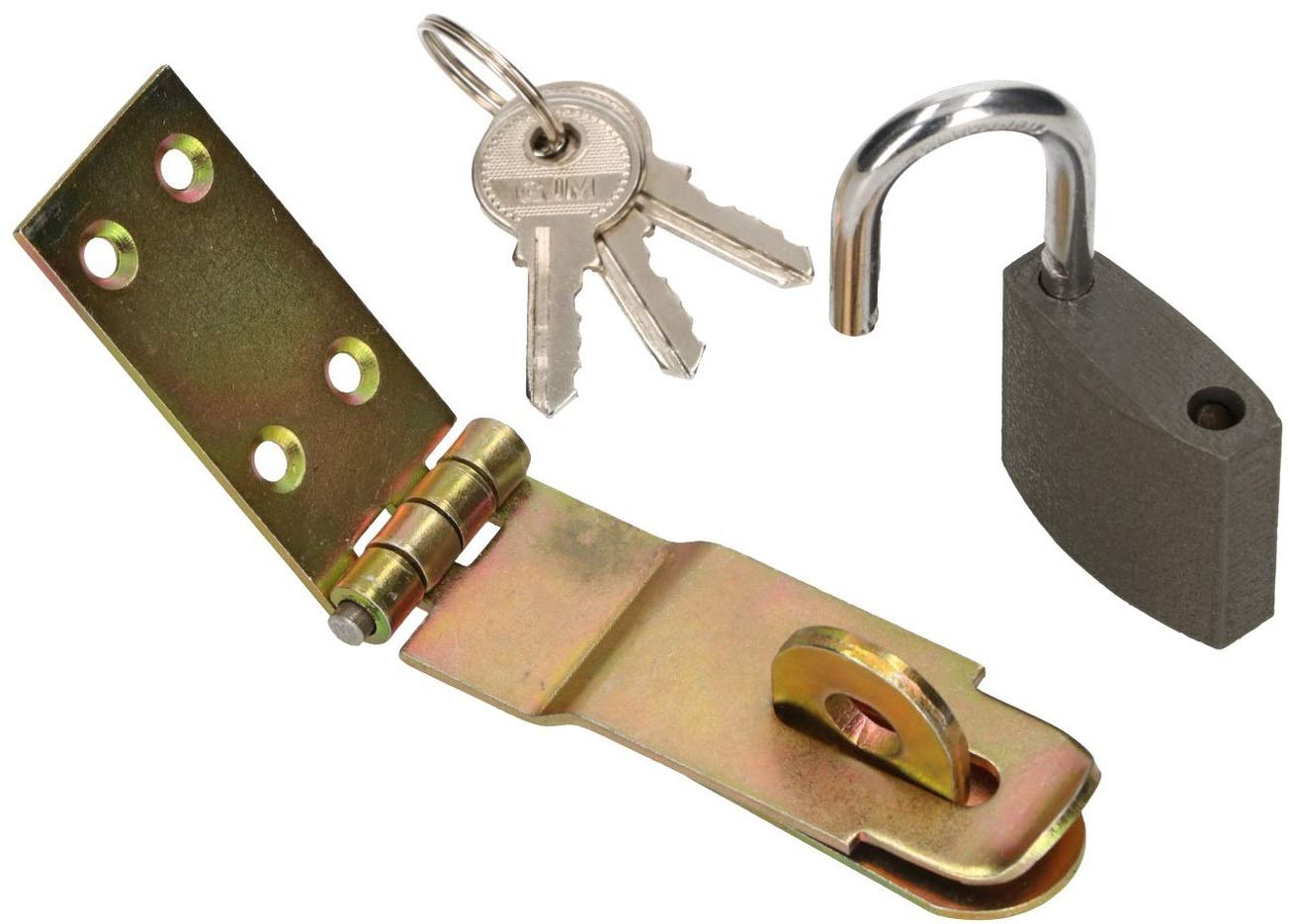KOTARBAU Hasp with Padlock, 3 Different Sizes, Yellow Galvanised, Overflow Hinges, Gate Hinges, Throw, Armoured Latch, Safety Hasp (70 mm)