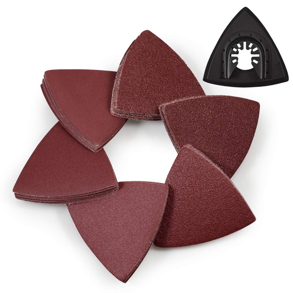 SPEEDWOX 61 Pcs 3-1/8 Inches 80mm Triangle Hook and Loop Sanding Discs with ABS Oscillating Sanding Pad Assorted 40/60/80/120/180/240 Grits Detail Sander Sandpaper