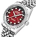 Carlien Men Diamond-Accented Bezel Red Dial Silver Band Automatic Mechanical Watch