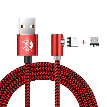 2M Rot Micro USB Kabel, 90 Grad Rundstecker Nylon Geflochtene Android Magnetic Ladekabel mit 2 Anschlüssen für Samsung Galaxy