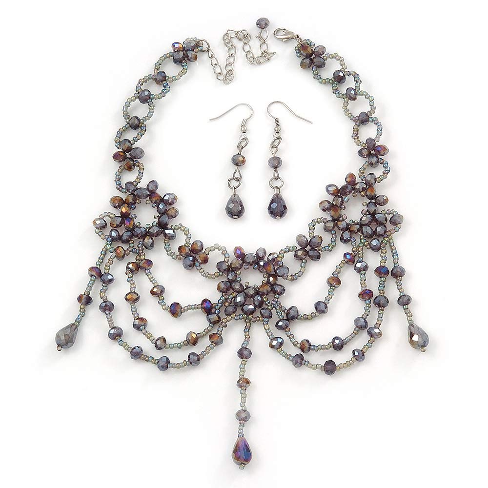 Avalaya Lavender Glass Bead Gothic Costume Choker Necklace And Earring Set In Silver Plating