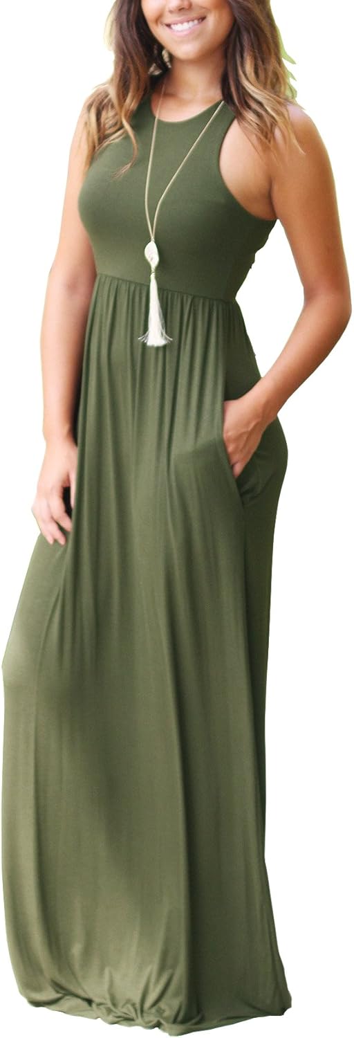GRECERELLE Women's Sleeveless Racerback Loose Plain Maxi Dresses Casual Long Dresses with Pockets at  Women’s Clothing store