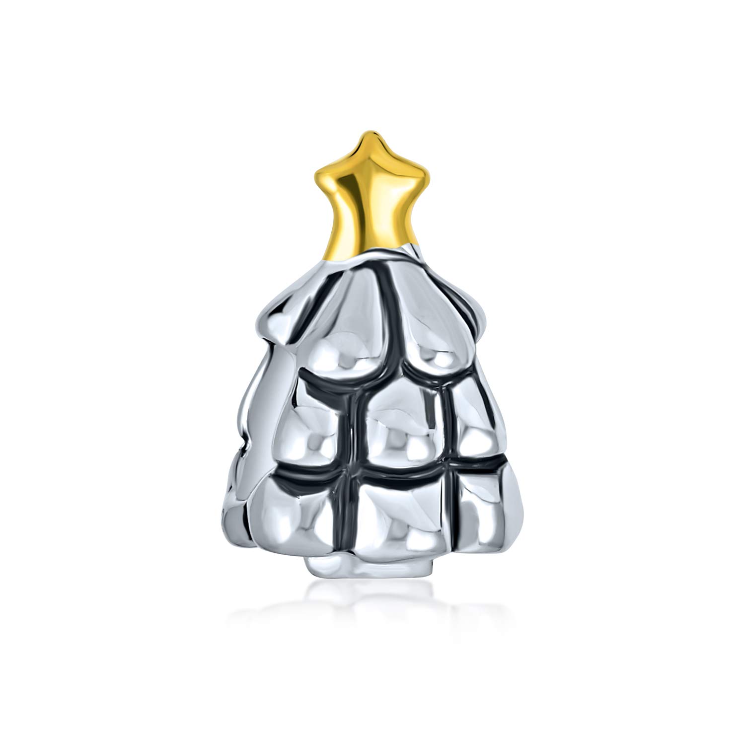 Bling Jewelry Elegant Shining Decorated Star Holiday Festive Christmas Tree Charm Bead Two Tone 14K Plated .925 Sterling Silver For Women Teens Fits European Bracelet