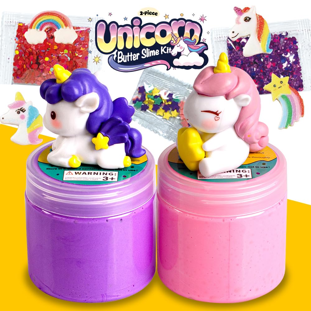 Waybla 2 Pack Butter Slime Kit for Kids with Glitter, Unicorn Figurines, Rainbow & Star Accessories – DIY Slime Toy Gift for Girls & Boys, Party Favors, Stocking Stuffers, Easter Basket Stuffers