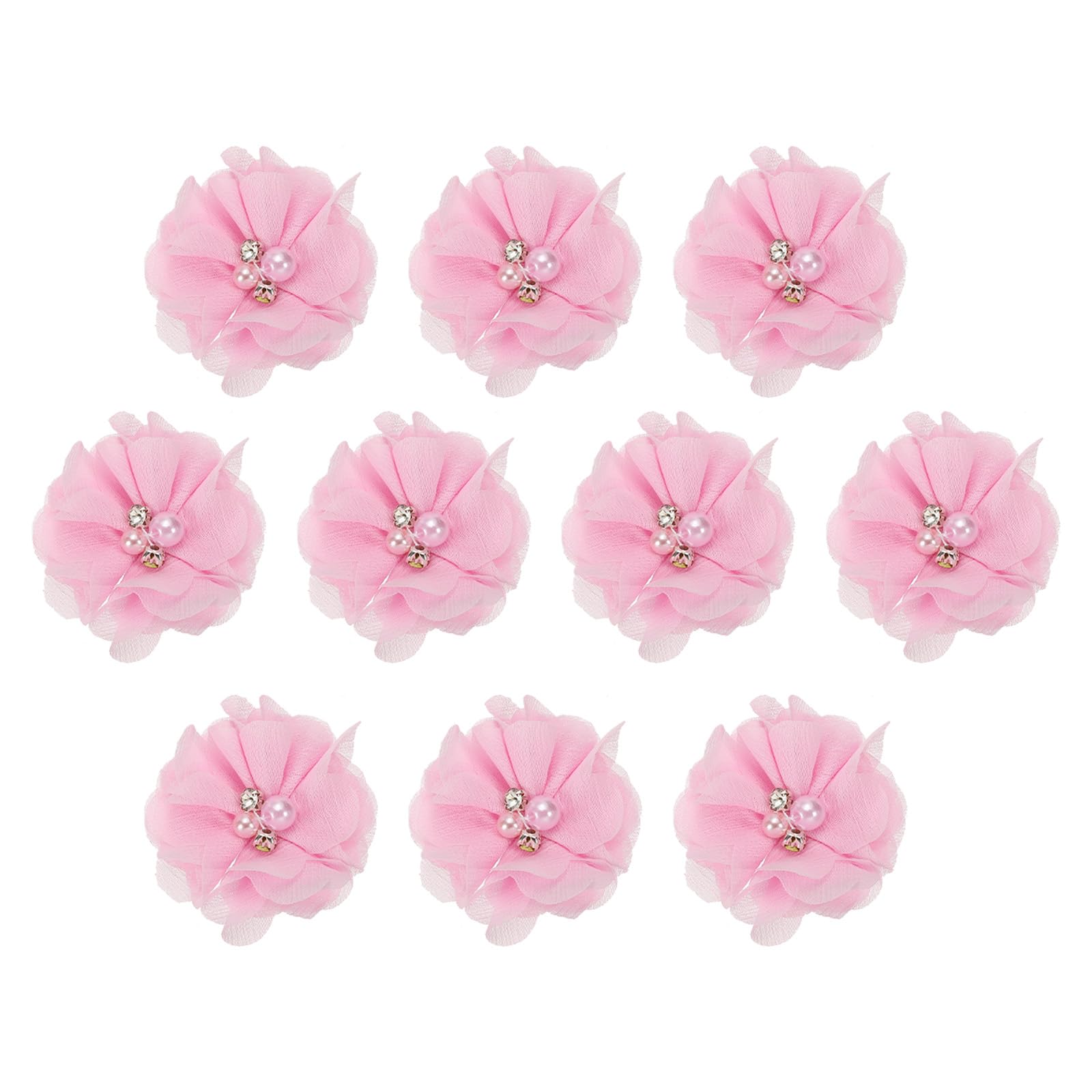 PATIKIL 2" Chiffon Flowers, 10Pcs Fabric Flowers Sewing Appliques Embellishments with Rhinestone Pearl for DIY Crafts Wedding Headbands Party Decoration, Pink