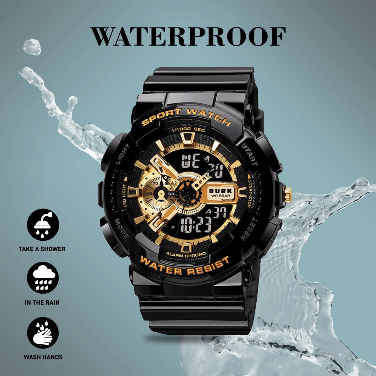 BURK 1688BKGD Military Wristwatch Men Water Shock Resistant Dual Time Sports Digital LED Display