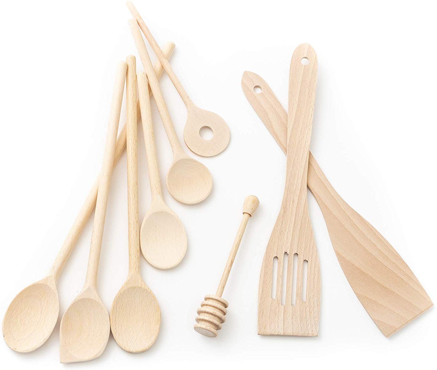 tuuli Kitchen - 9-Piece Wooden Cooking Utensils Set, Specially Designed Solid Beechwood Wooden Spoons, Wood Spatula and Honey Dipper, Durable Wooden Utensils for Everyday Use