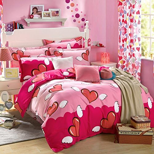 Yunr 4 Pieces 100% Cotton White Pink Red Love Hearts Duvet Cover Sets (Twin, 4pcs without comforter)