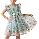 Girls Summer Dress Cute Floral Embroidered Ruffle Sleeve Sundress Casual Flowy Tulle Bow Princess Dresses