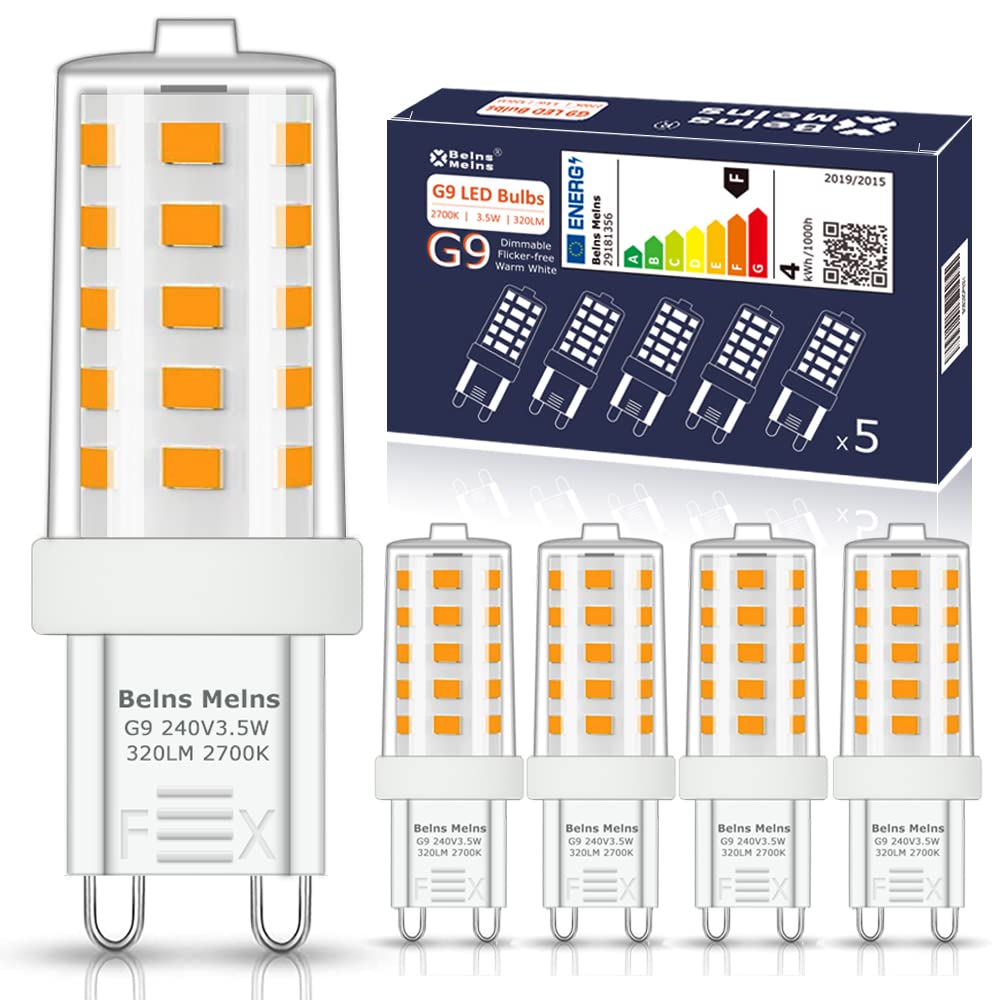 Belns Melns G9 LED Bulbs Dimmable Warm White 2700K, 3.5W 320LM SMD LED G9 Capsule Bulbs, 28W G9 Halogen Bulb Replacement Flicker Free Dimmable - Pack of 5