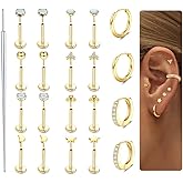 Sanfenly Threadless Flat Back Earrings Studs 316L Surgical Steel Cartilage Earrings for Women Men Push in Nose Rings Studs 20G 18G 16G CZ Opal Tragus Helix Conch Lip Labret Medusa Nostril Piercing Jewelry Hypoallergenic