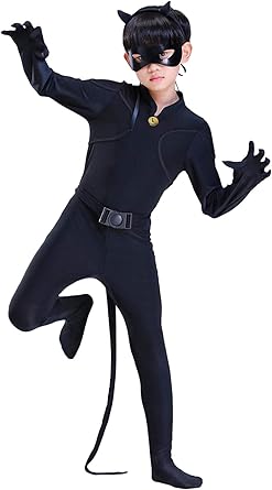 Monissy Costume Chat Noir Enfant Miraculous Déguisement Combinnaison Col Montant Elastique Collante Respirant Eclair Ceinture Queue Oreille Masque