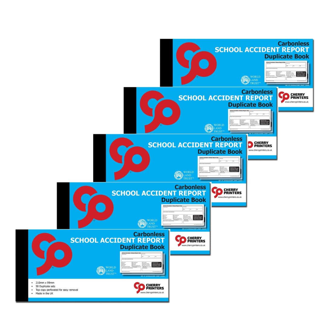 Cherry Printers Carbonless School Accident Report Duplicate Book GDPR | 99mm x 210mm | 50 2part Sets | Both Copies Perforated | Ideal for Schools, Nurseries & Childcare Providers **5 Pack**