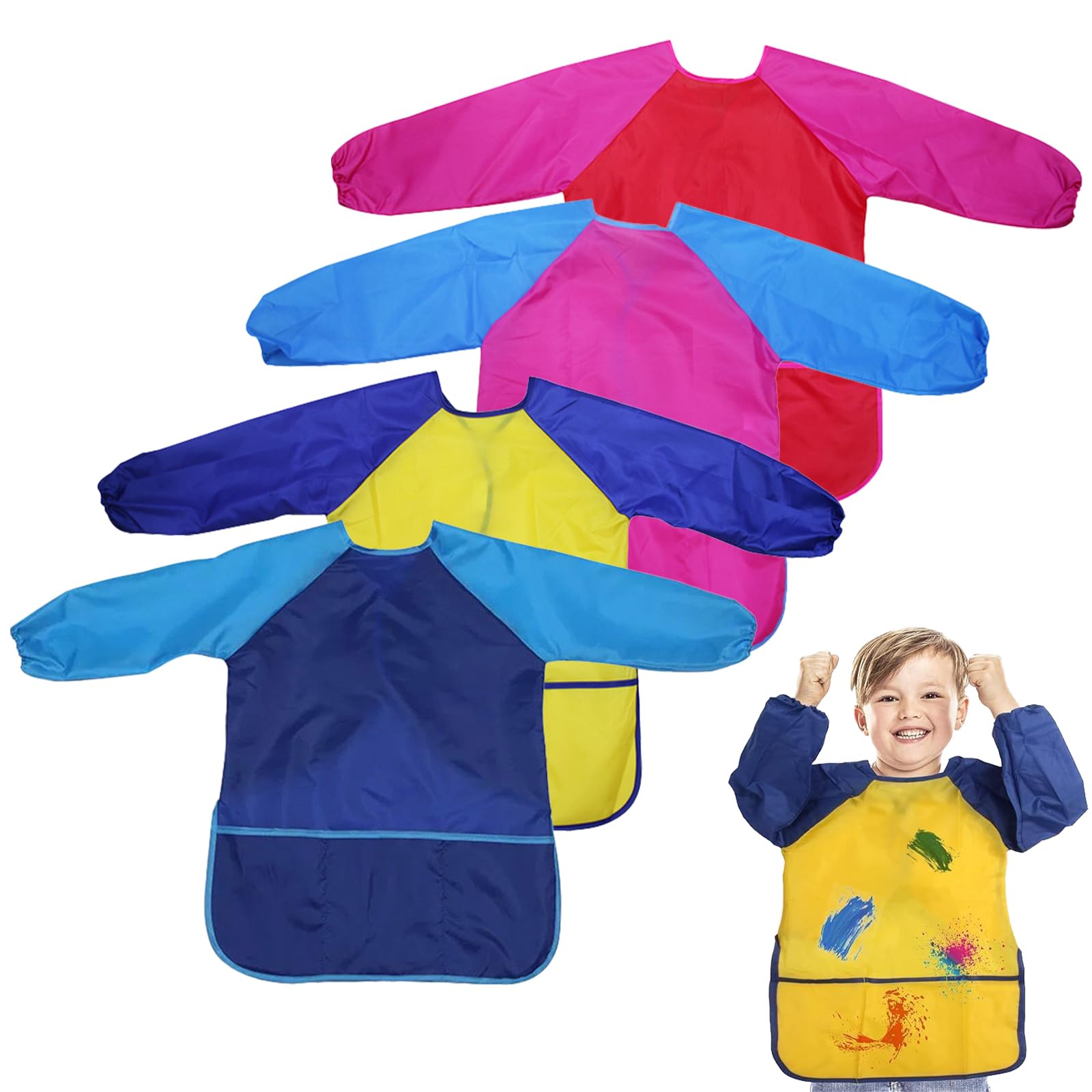 Guegine 4 Pack Kids Painting Aprons,Kids Art Aprons Smock,Kid Craft Apron with Pockets and Long Sleeves,Waterproof,for Painting,Cooking,Eating,Arts & Crafts Childs Paint Apron for Children Ages 3-8